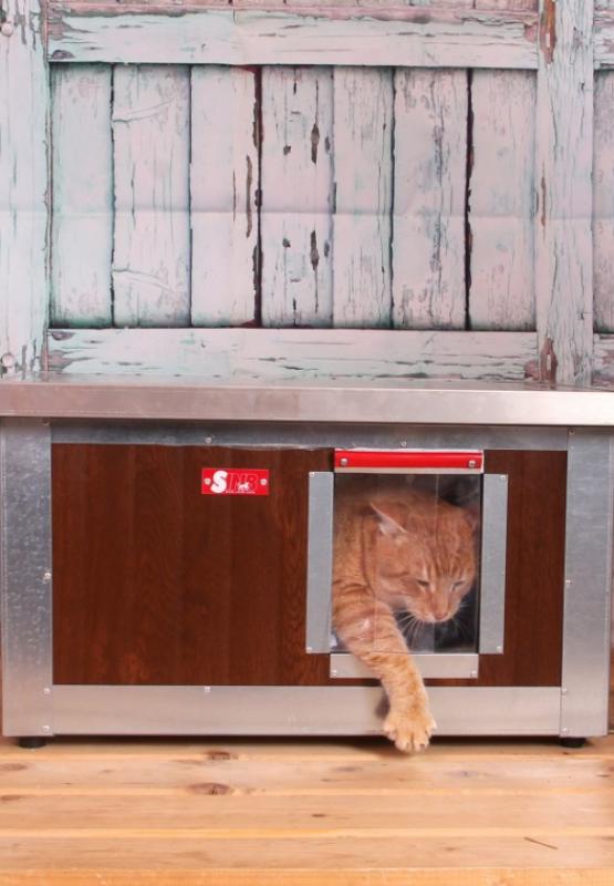 Vyhrievaná búda pre mačku s panorama oknom (imitácia dreva)